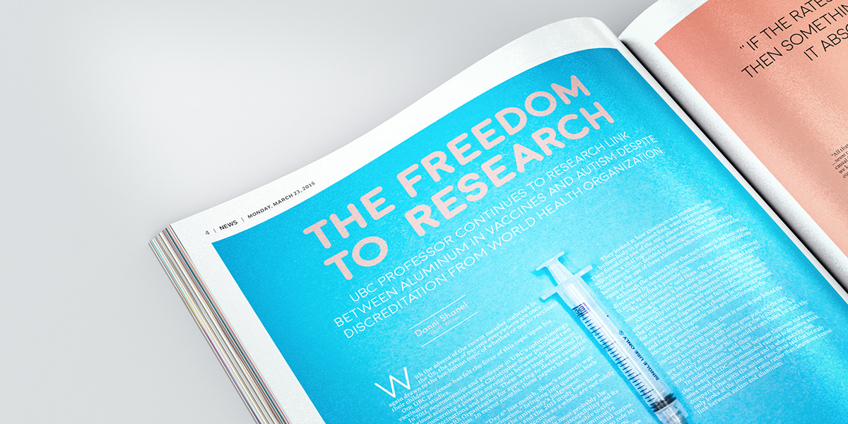 magazine newspaper Layout cover Needle research story vaccine design editorial spread simple clean minimal blue