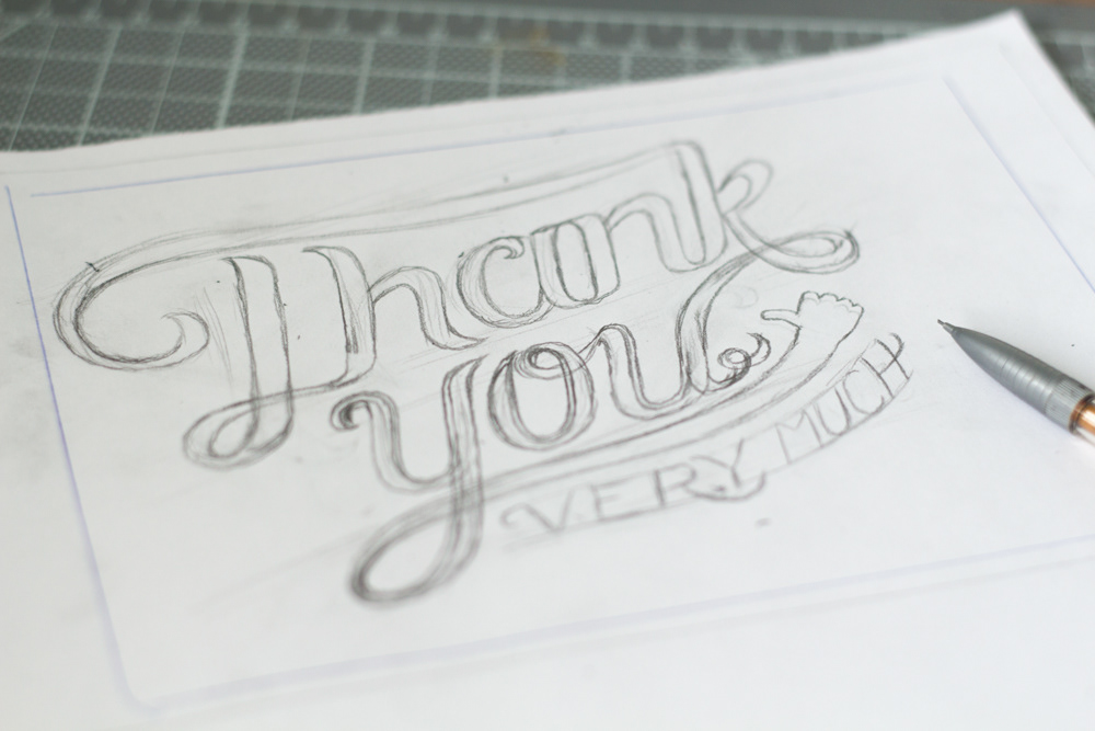 lettering type Script thank you thanks card paper thumbs up thumb lino cut carve block linoleum DIY