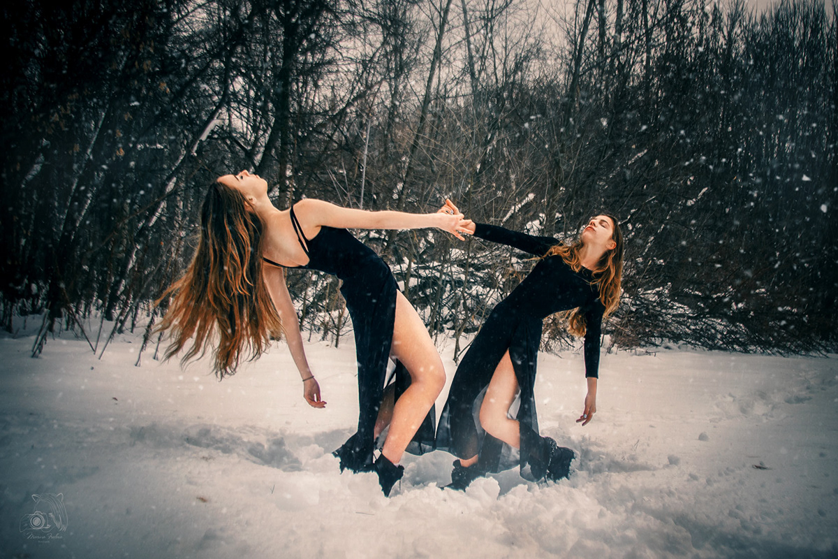 Adobe Portfolio DANCE   dancer dancing snow forest black dress beautiful girl