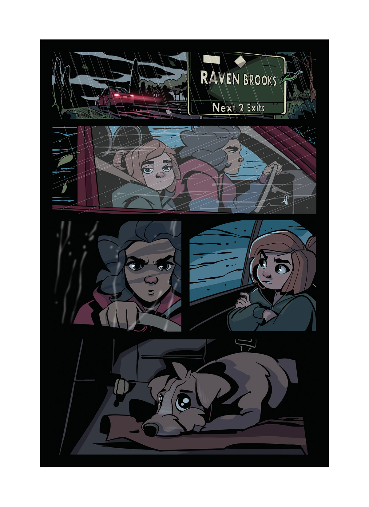Pris and Regina drive out of town and through the rain while Flan, their dog, rests in the backseat.