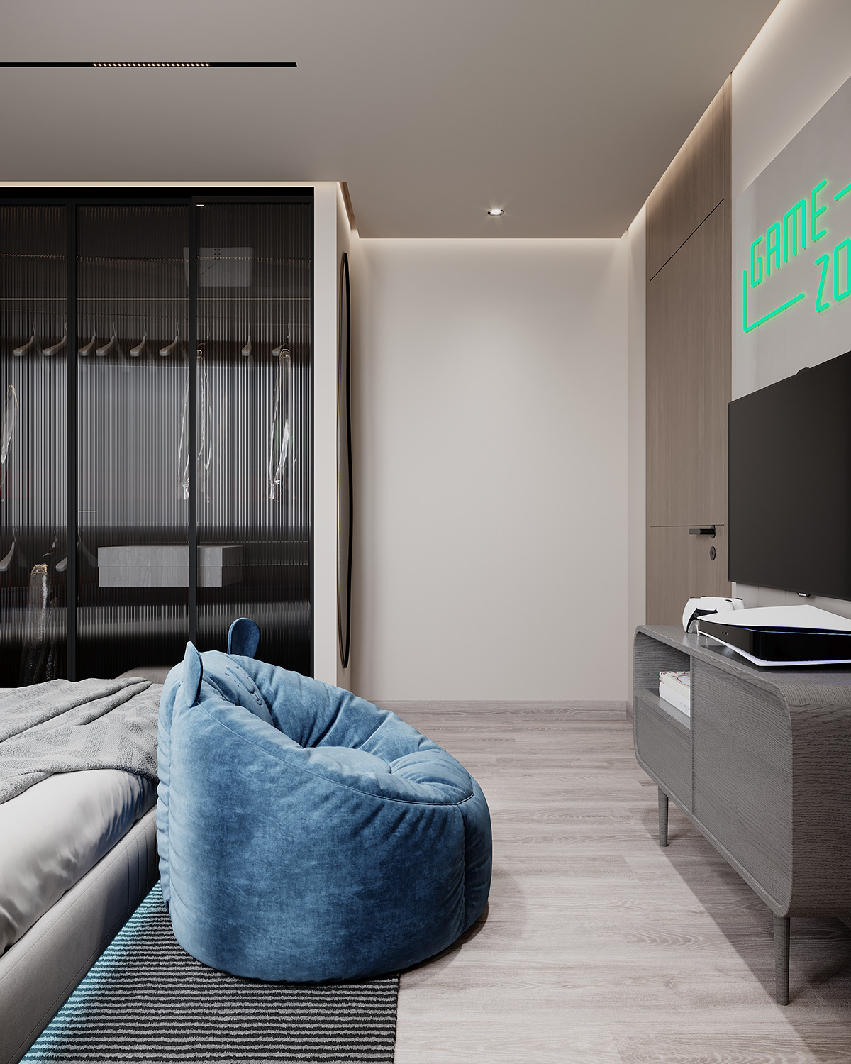 Interior architecture visualization interior design  3ds max corona Boy Bedroom ps5 neon sign blue