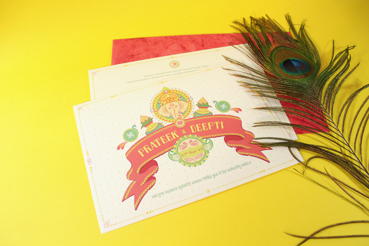 wedding card India traditional ganesha peacock ornaments Indian Design hindi Invitation colorful