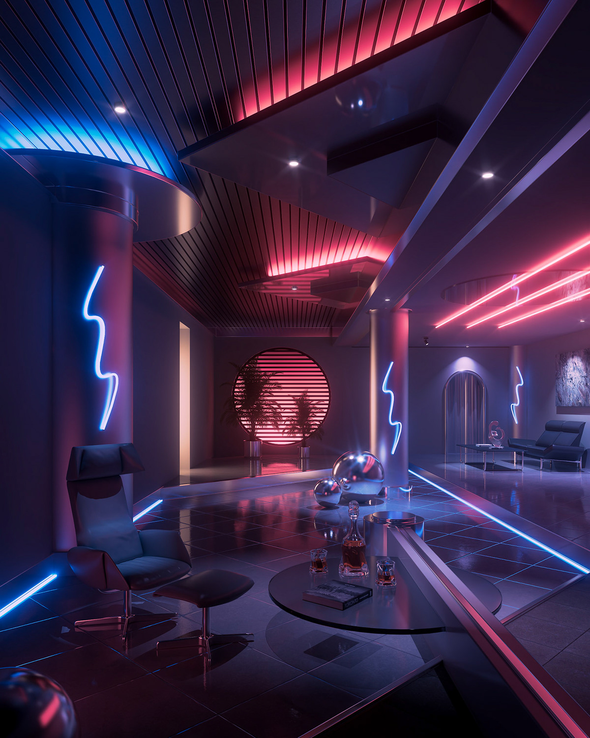 3D Rendering 80s 90s cinema 4d Interior Architecture interior design  neon redshift Retro vaporwave