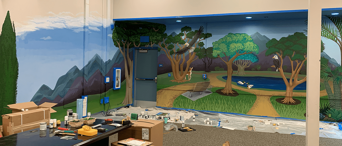 Mural nature scene Park trees Library Mural eagle reading room elementary school mural Landscape Carson Reading Project