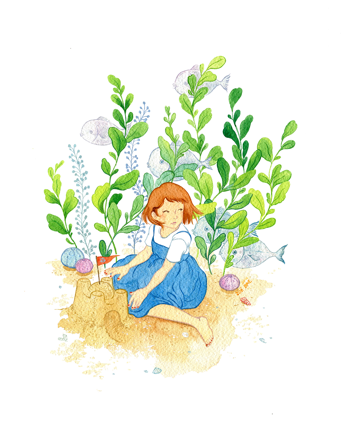 beach summer sand castle girl ginger fig leaf tree fish summer day watercolor gouache zoebae