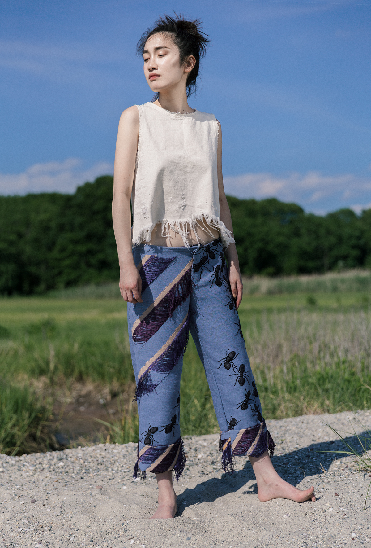 jacquard ants Woven weaving textile pants fringes Fashion  apparel Monofilament