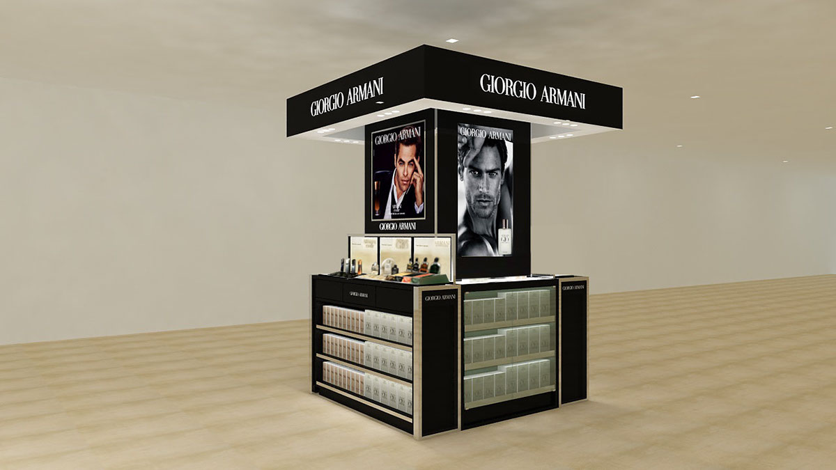 Kiosk concept design armani Fixture Point of Sale branding  Promotion posm