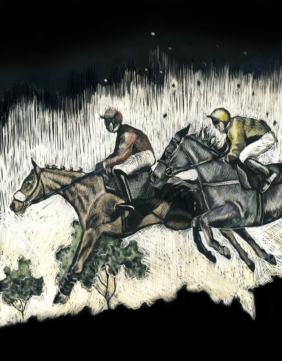 scratchboard watercolor horse detail men Steeplechase Hunter Jumper