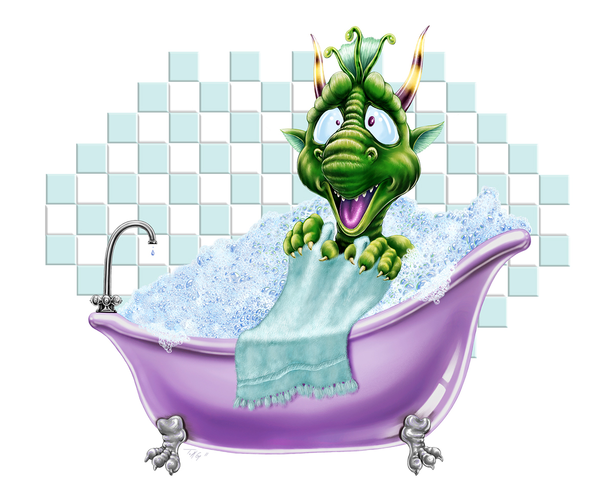 bathtub collectible print poster dragon children bathroom funny Character humor silly humorous soft color