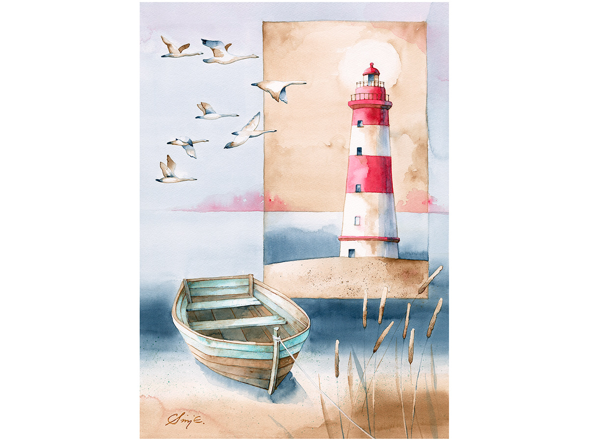 lighthouse watercolor watercolorpainting  prints illustrations Lakeside Boats sea