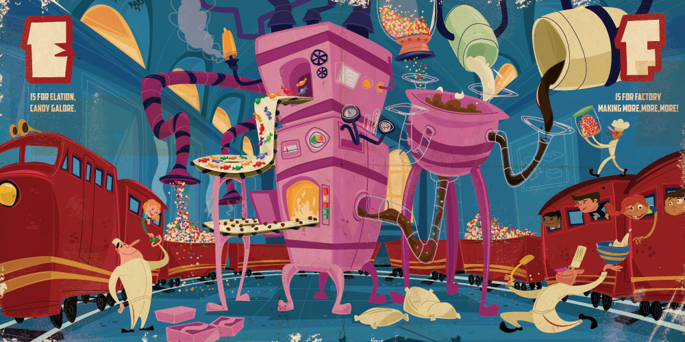Illustrator  Candy  factory  kids train  children's  children  red  aqua  Pink   sweets
