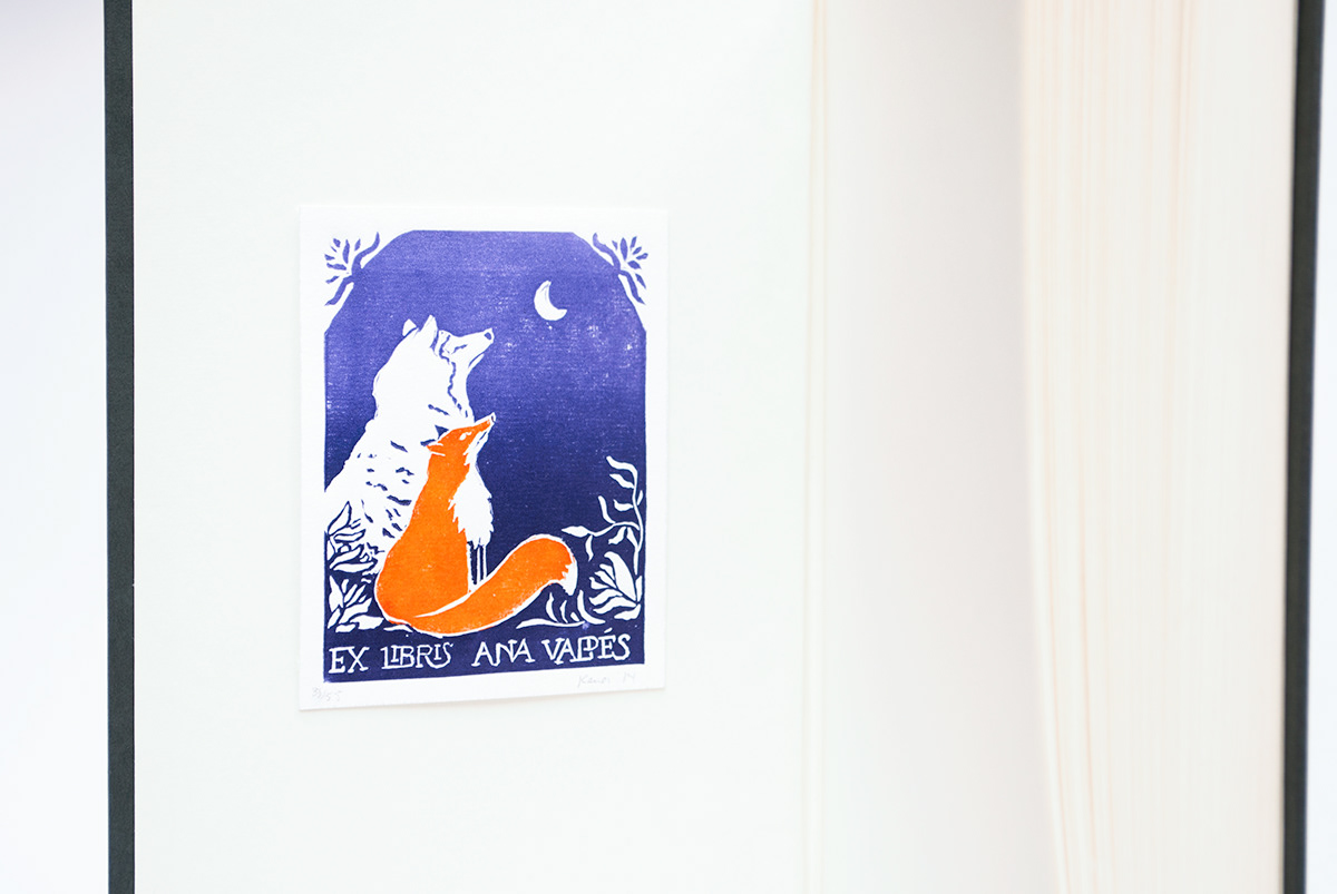 Ex Libris FOX wolf personalized moon bookplate linocut linoleum printmaking