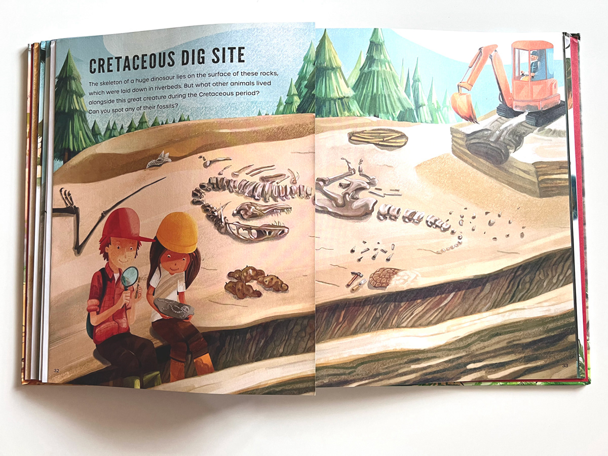 archeology book design dinosaurs educational fossils Illustrated book ILLUSTRATION  kids preistoria