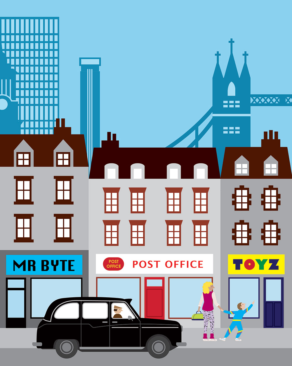 vector graphic digital London history Transport buildings people characters city Street bus taxi