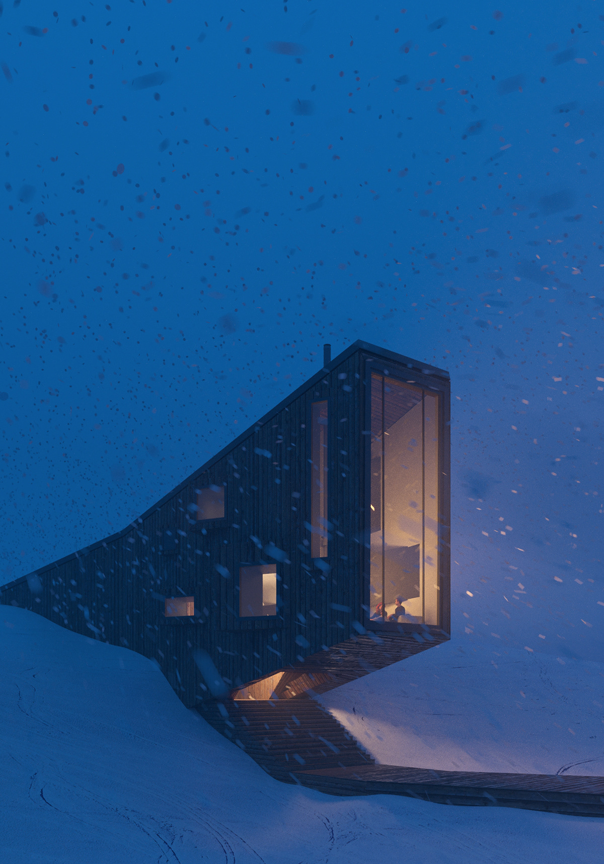 corona renderer 3ds max photoshop visualization CGI winter snow architecture mountain wood