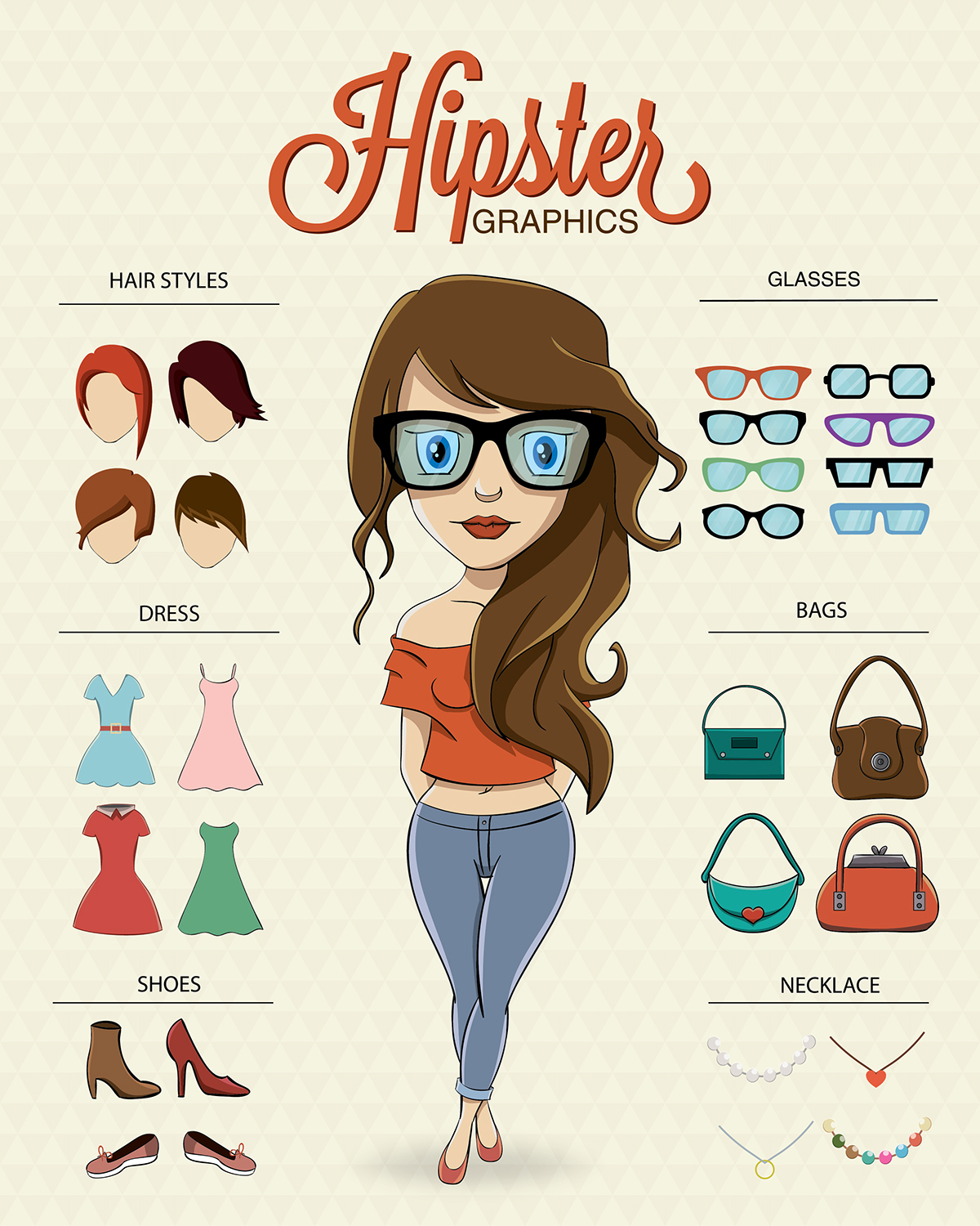 Hipster Icon Urban vector design glasses old guitar beard Young Retro tie information Clothing girl