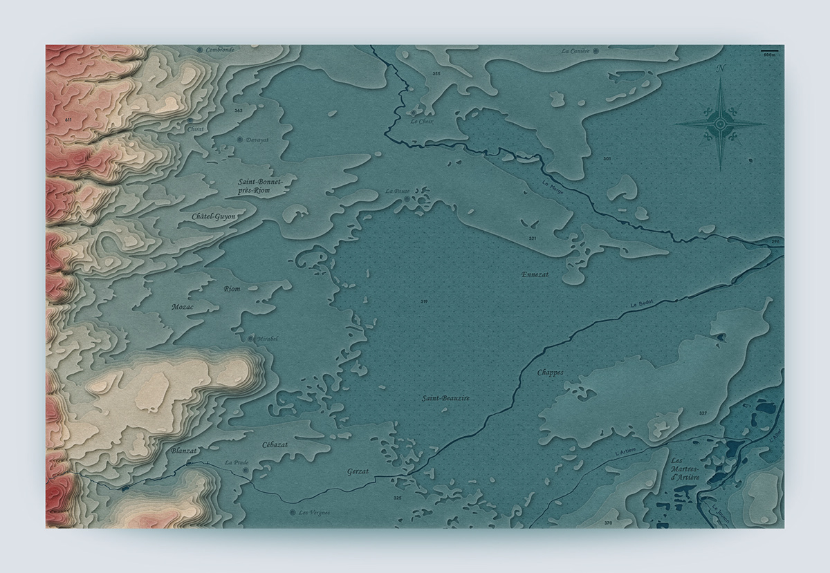 Alt version of the topographic map data visualization with paper cut style, (Photoshop, Illustrator)