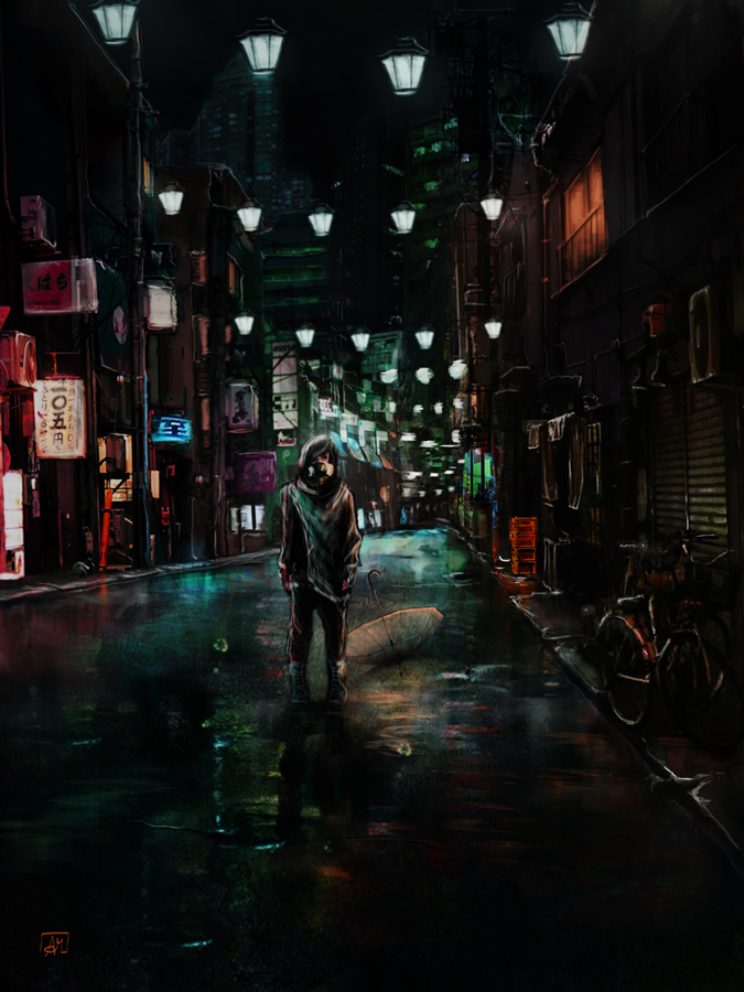 concept art Cyberpunk Matte Painting Street girl city night rain Umbrella