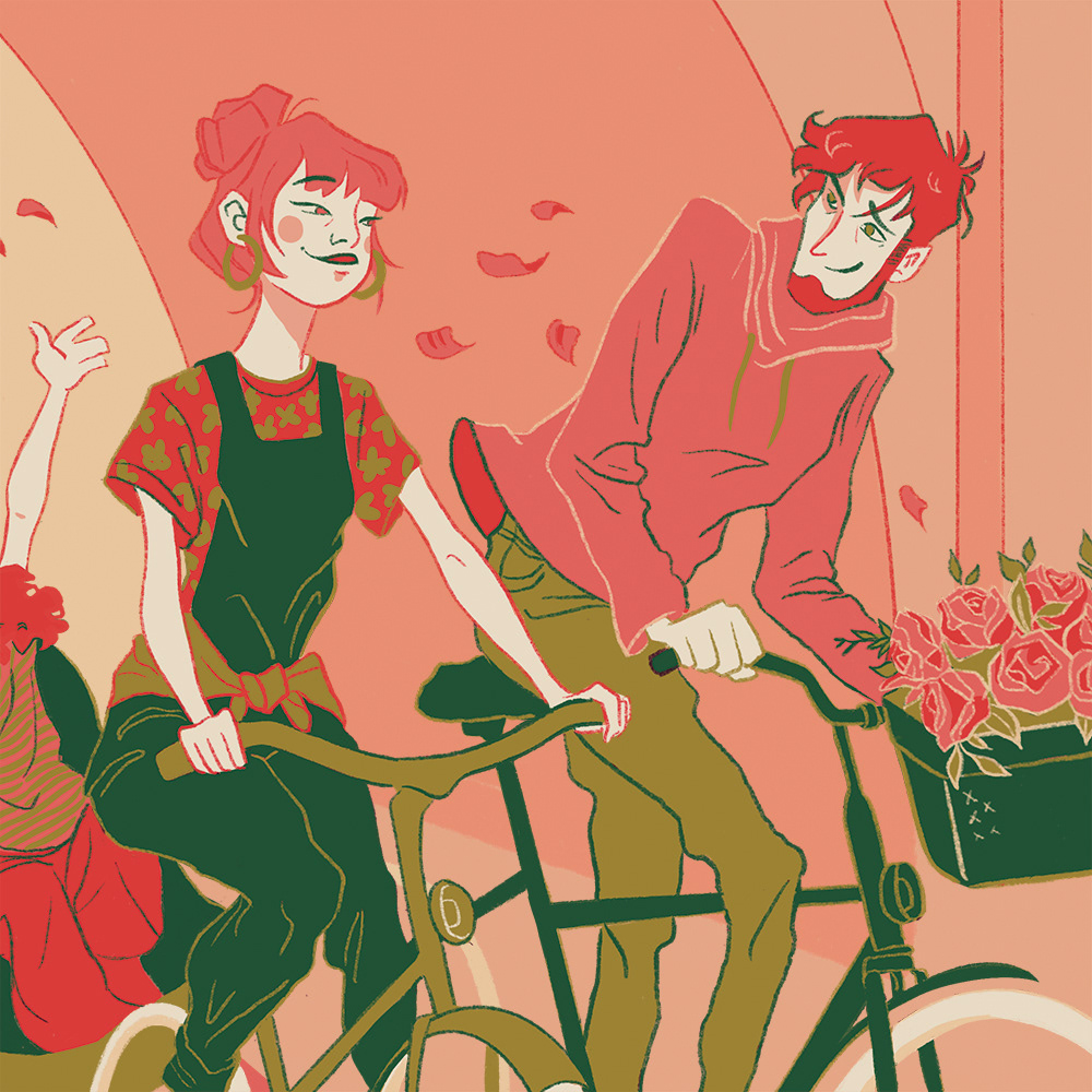 Illustration d'une famille/couple amoureux à vélo - Drawing of lovers on bike