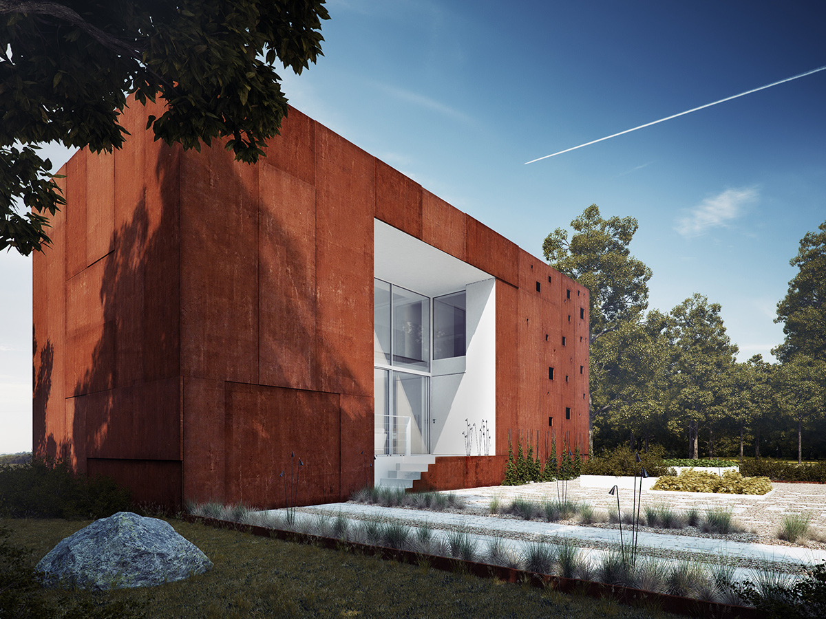 Michał Nowak poland wrocław 3D CGI visualization rendering vray 3ds max exterior house Corten sawdust