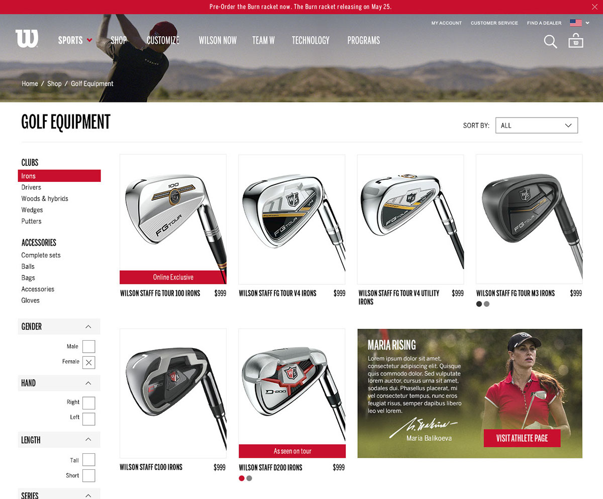 wilson interactive ux UI Ecommerce strategy tennis golf football Product Page shop