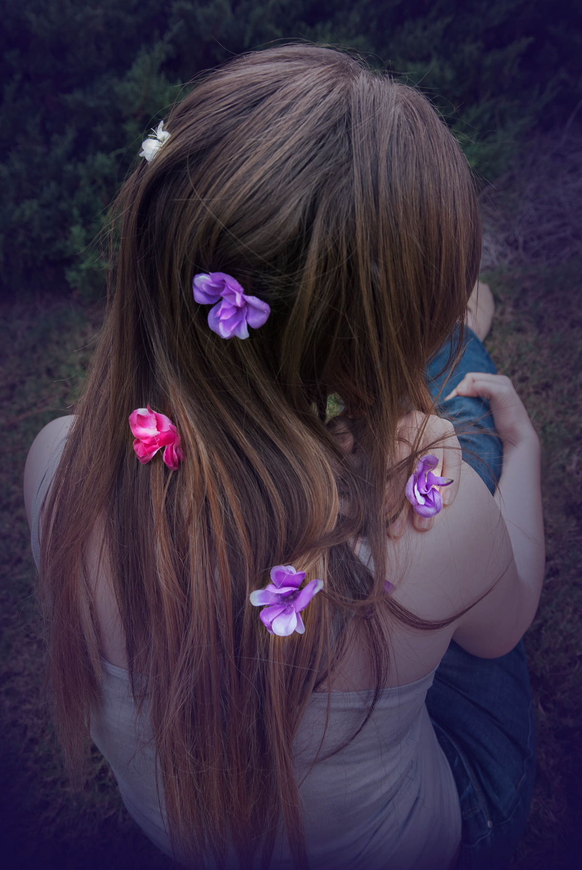 Flowers dark girl colorWASH hair bright purple faceless hidden mystery