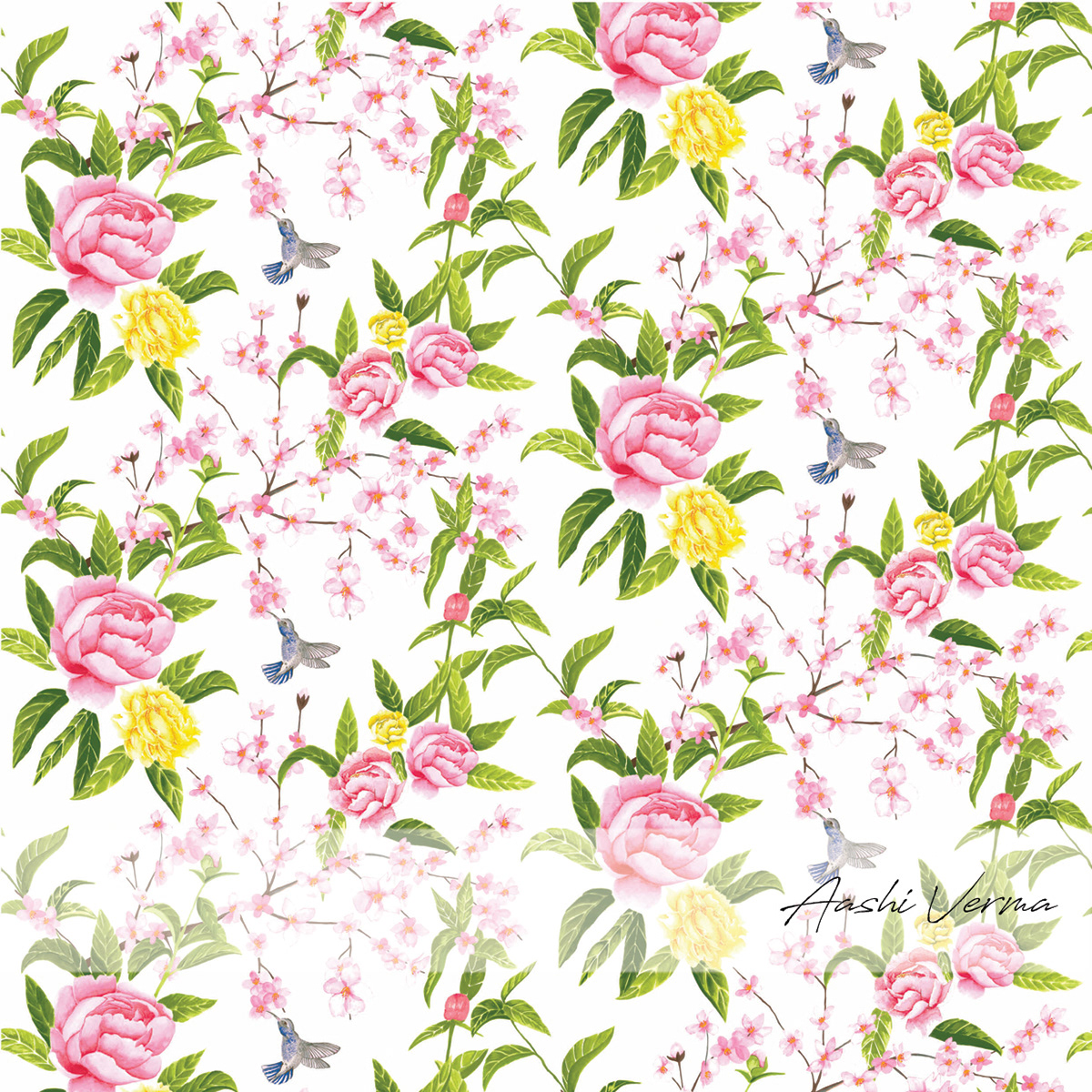 print design  Watercolours florals textile design  peonies handskills humming bird Cherry Blossom surface prints