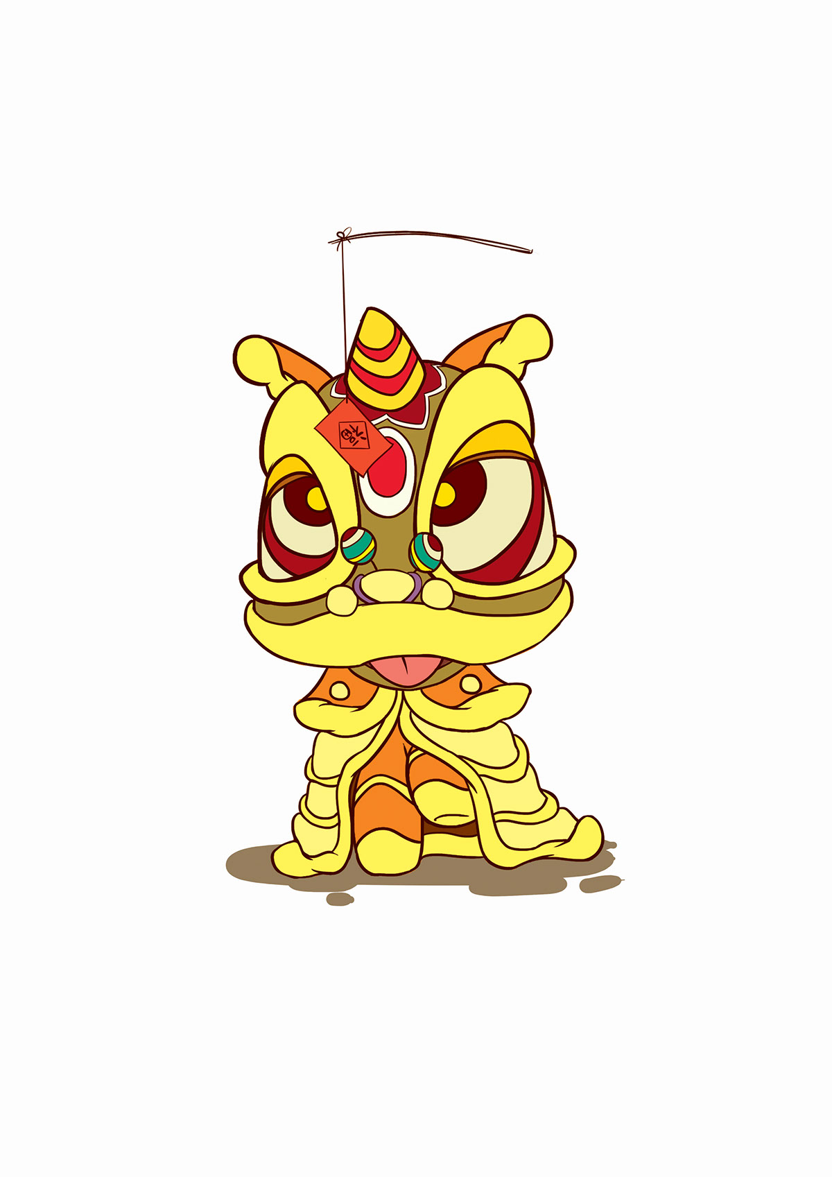 xiao shi lion DANCE   yellow gold color cute happy chinese new year gong xi fa cai ang pao red