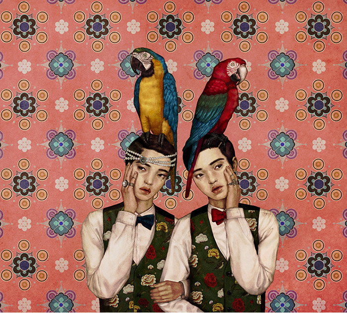 Dani SOON soon illustration dolly girl lady bugs just human being twin parrot macaw X_X girl
