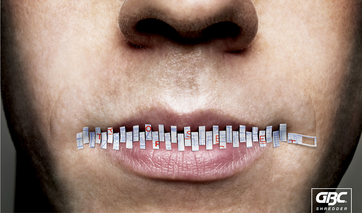 Adobe Portfolio Shredder lips sealed secret confidential zip print ad campaign