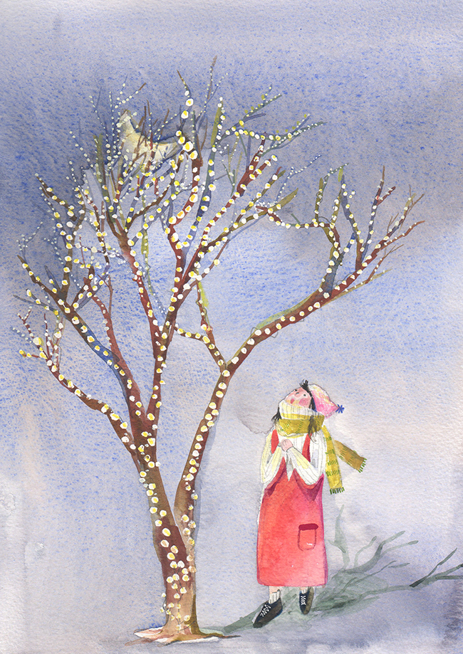 illust Illustrator winter Winter time Tree  Tree Lighting girl lighting artwork