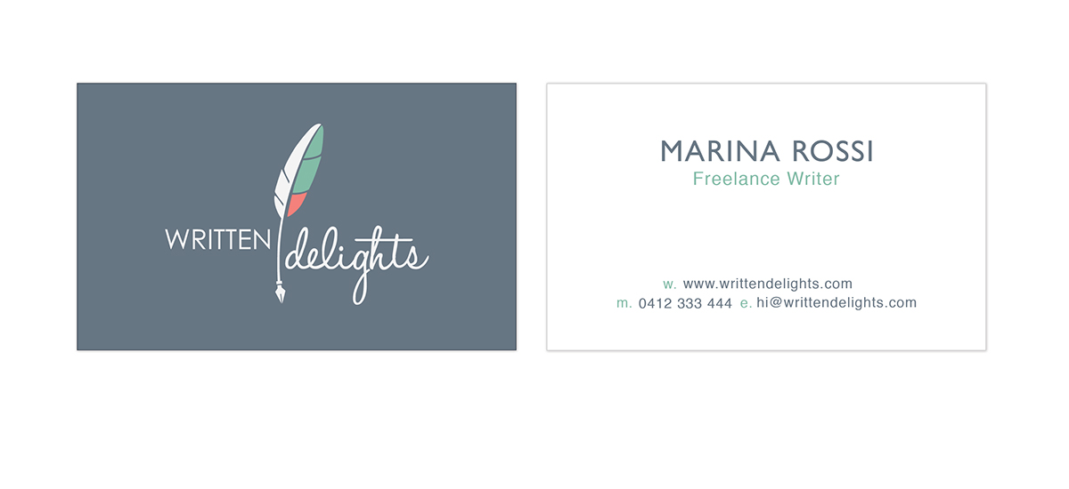 Written Delights written Delights logo brand Business Cards feather typographic