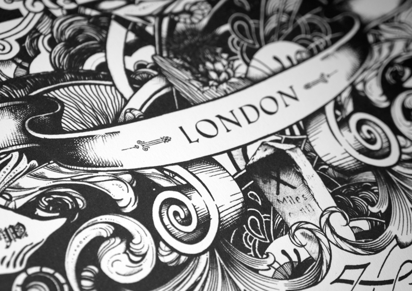 Sheen London SW14 black and white place names type hand drawn maximalism pen traditional victoriana baroque