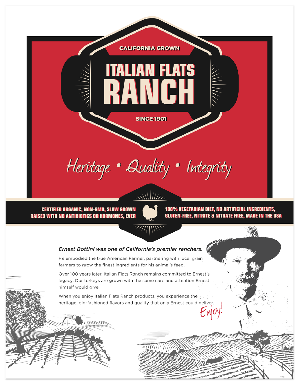 Italian Flats Ranch Turkey logo Label flyer bold contrast Retro vintage 1920s