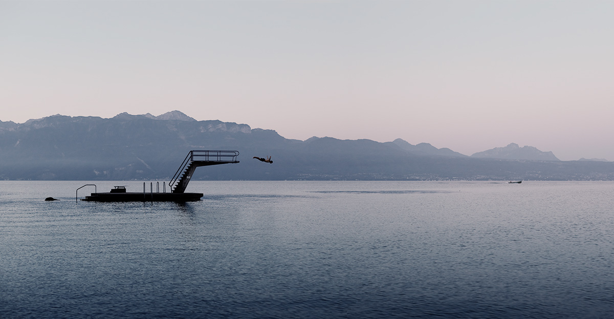 plongeoir swimmer lake Geneva photo jump water