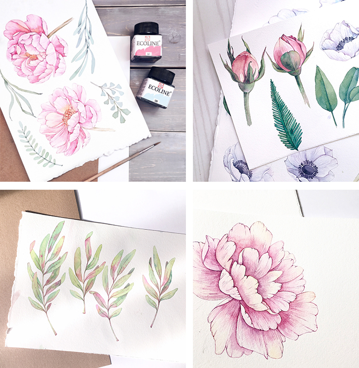 watercolor clipart peonies flowers floral elements botanical feather watercolor anemone flower Succulent
