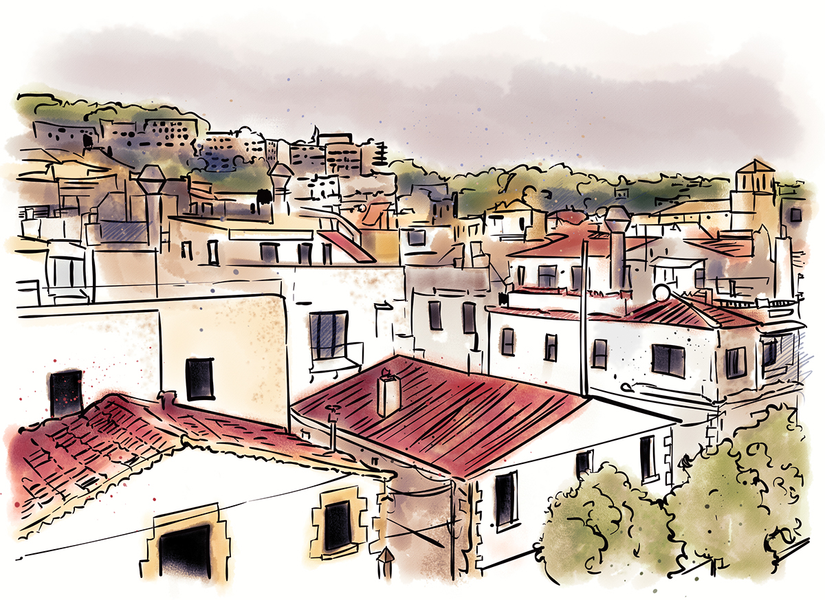 ILLUSTRATION  view roofs spain watercolor ink Drawing  Paper texture artistic art
