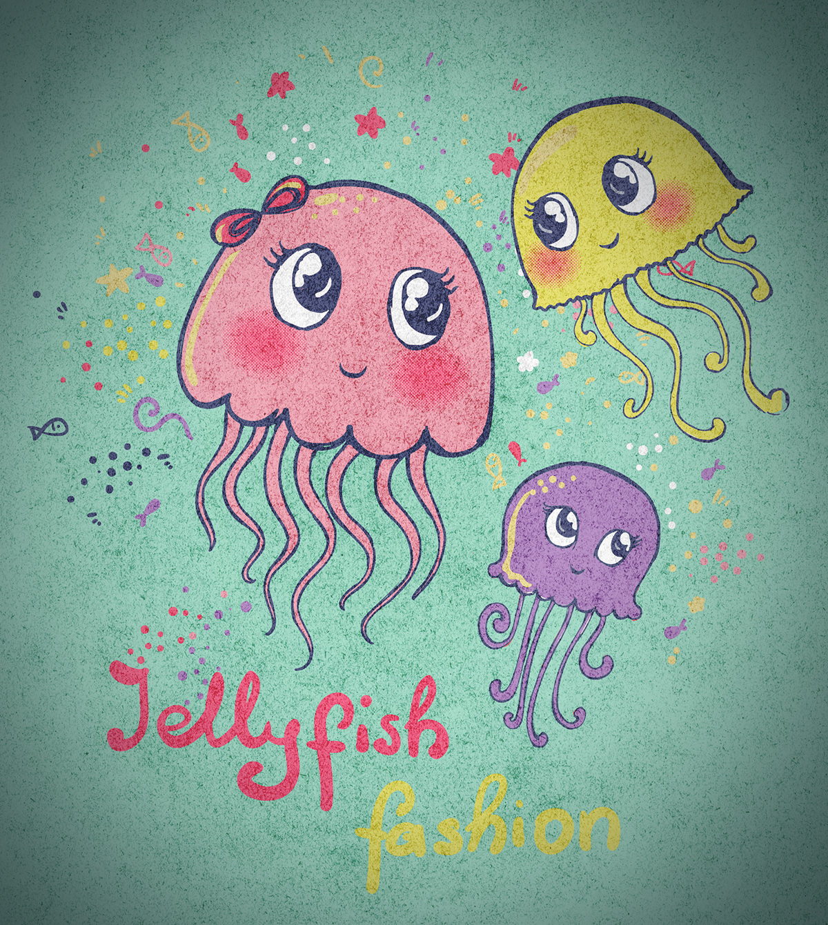 Seaside  mermaid   fish   Jellyfish sea star adventure girls cute handdrawn T-Shirt Design print