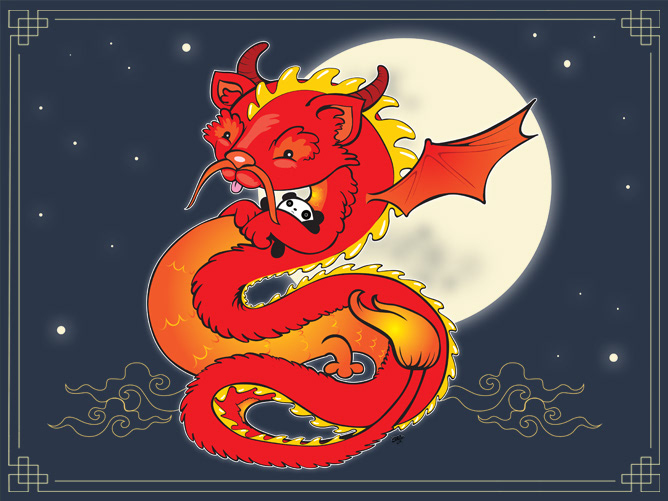 Cute, Funny Cartoon Art of a Chinese Dragon with Panda Stuffed Animal Ready for Bedtime by Ellie.