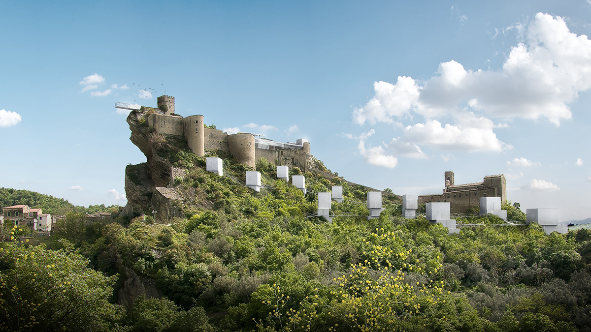 roccascalegna Italy hill White perforated steel houses restaurant Castle medieval