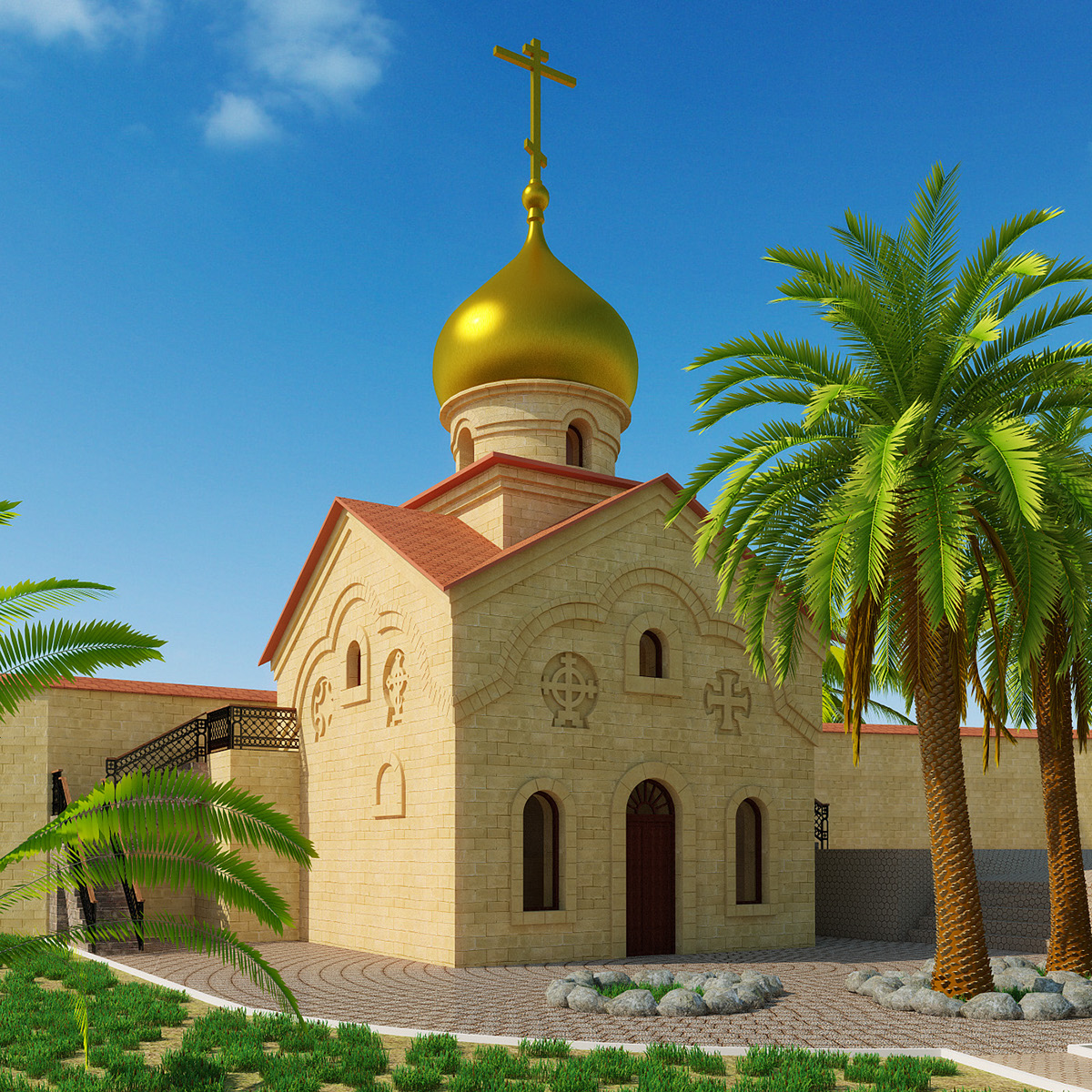 Architectural rendering temple hotel chapel exterior 3D