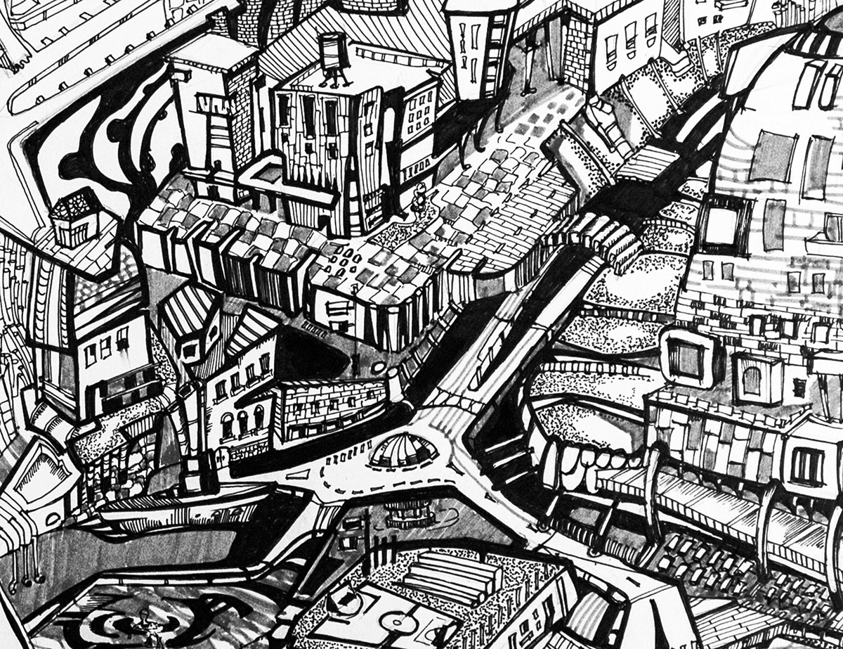 canals city hand drawing houses dwellings water town ink pen
