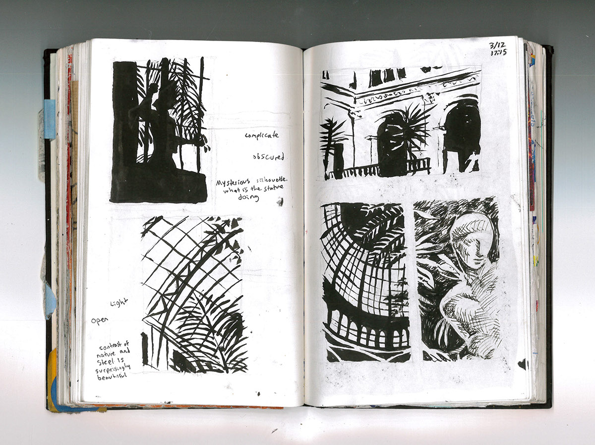 notebook journal visual journal note collage cutout print process sketching Spatial Design Cross Section sketch