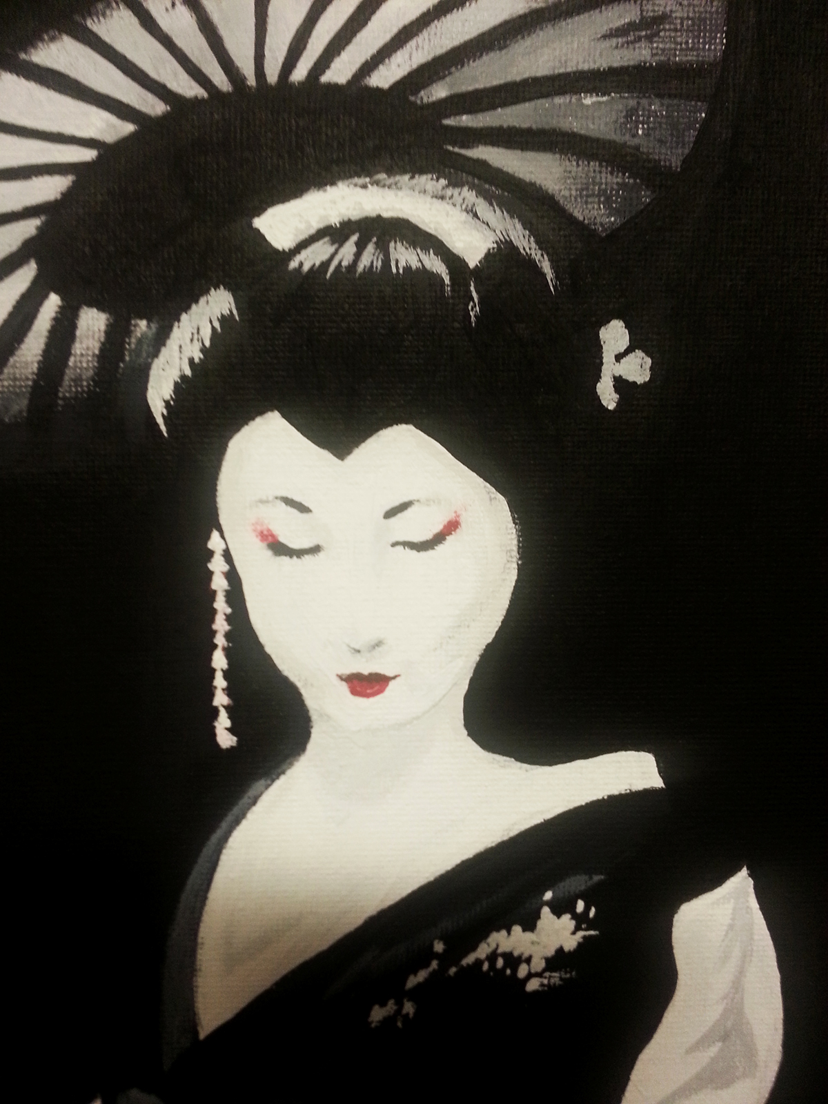 canvas acrylic geisha blackandwhite black White red Maiko japanese japan japanese geisha paint