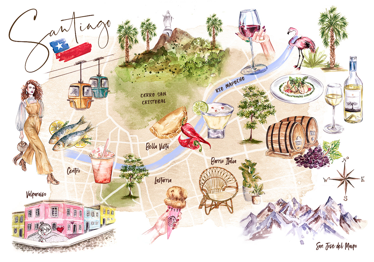 mapa map Travel watercolor aquarela wine vinho viagem chile Santiago
