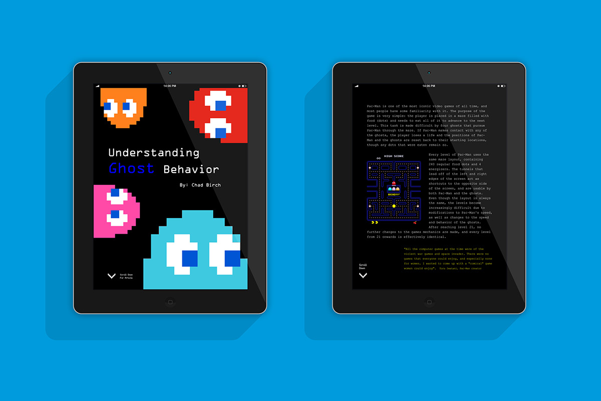 interactive magazine iPad tablet Pacman design digital arcade game pixel