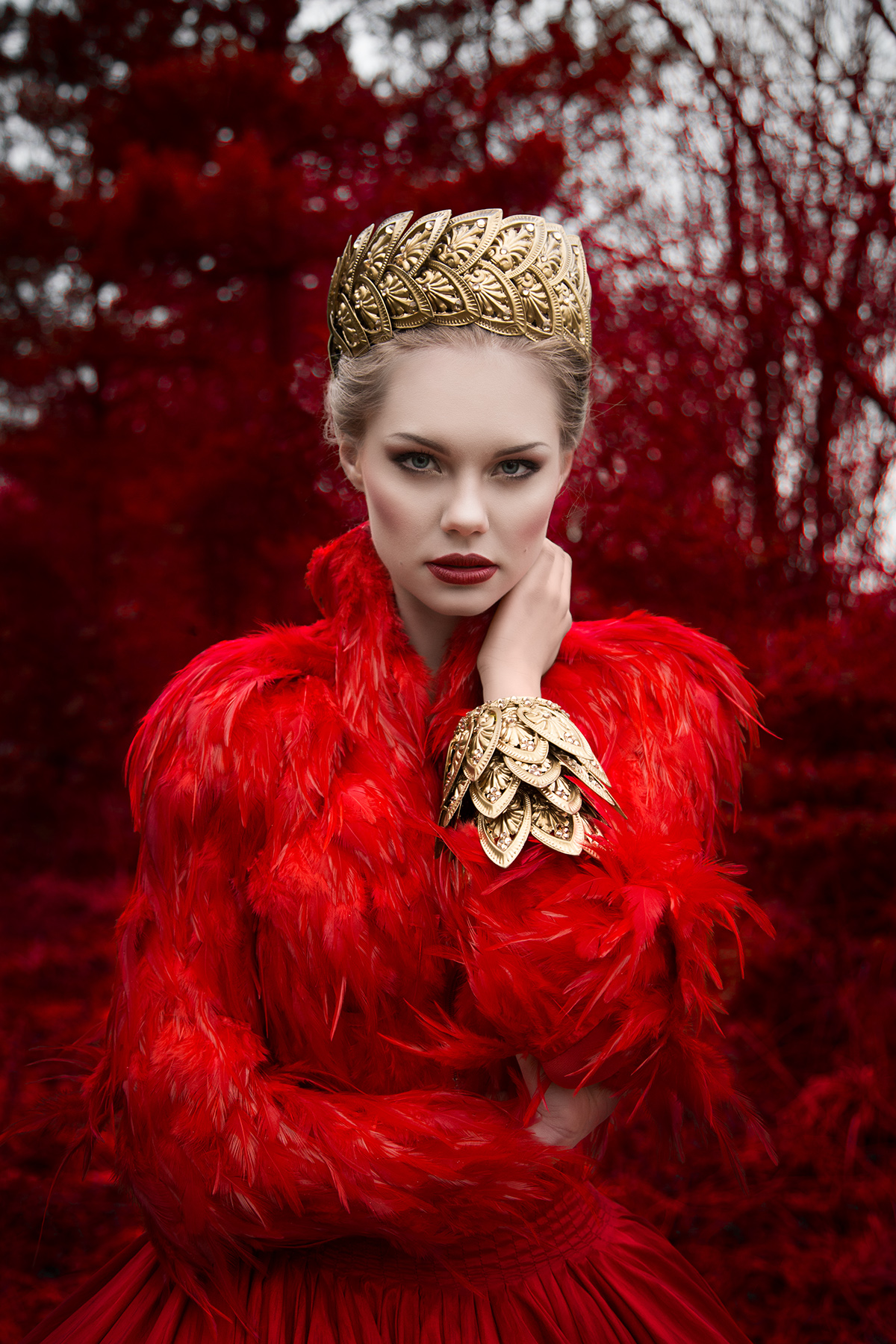 creative red photoshop adobe model Jewellery crown gold blonde regal royal dress feathers