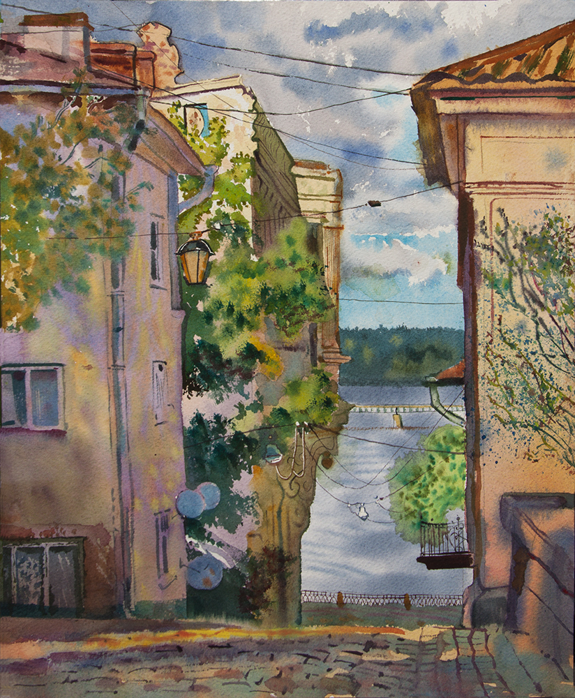 watercolor watercolour vyborg old town old house fairytale Evening water