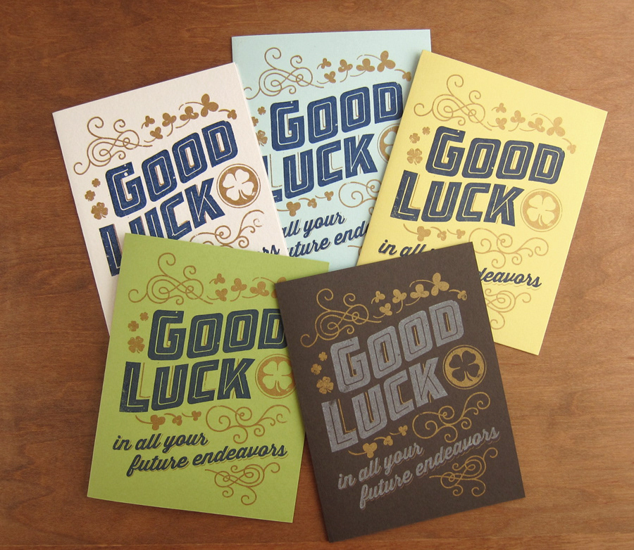 gocco silk screen gold ink greeting card old fashioned ornate navy luck