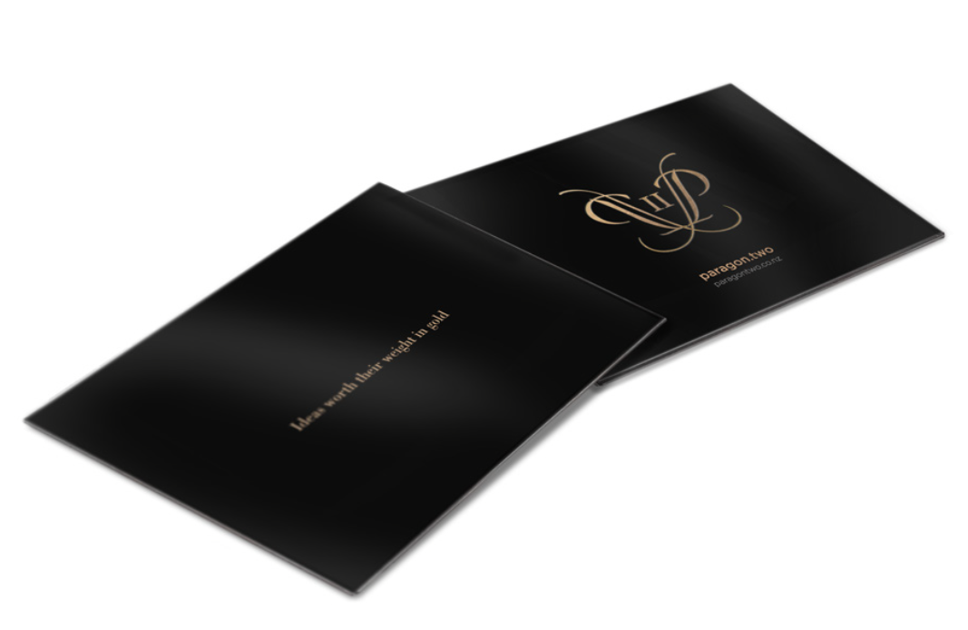 self-promotion brochure fold-out baroque ornate research gold lion anagram